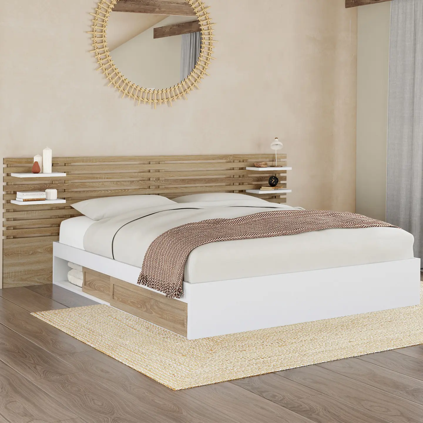 Lit double SAVANA avec tête de lit, chevets, rangements et sommier 160 x 200 cm façon hêtre et blanc