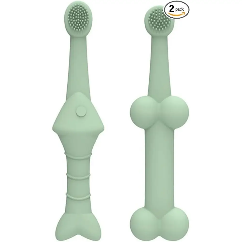Lot De 2 Brosses À Dents Silicone Poisson Os Vert Pour Chiens Et Chats