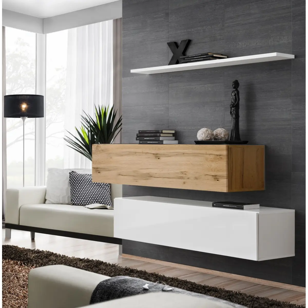 Lot de 2 Bancs Muraux & Étagère «Switch SBII» 130cm Blanc & Naturel