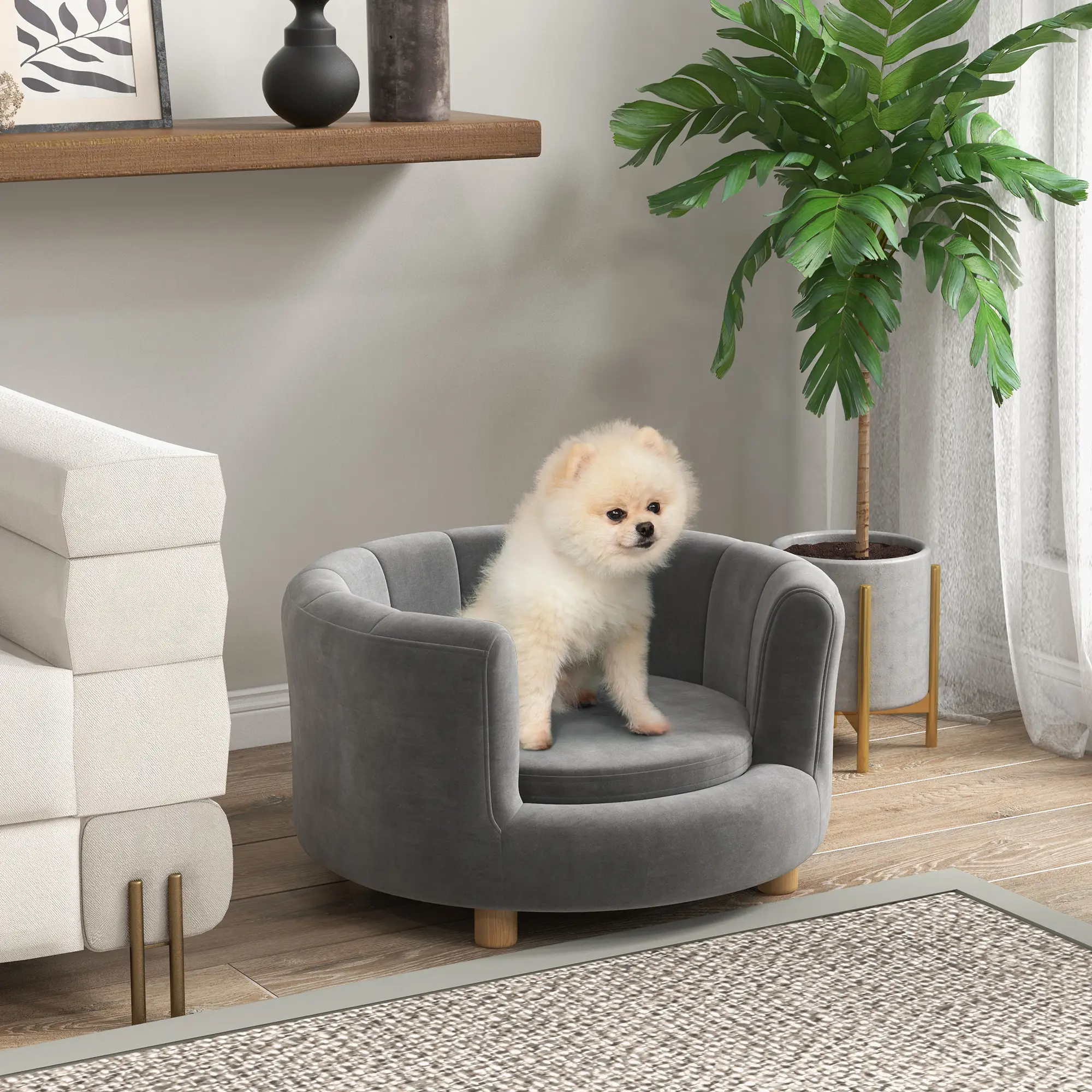 Lit Canapé Chien Chat Gris Velours Pieds Bois Design Moderne 65cm – ComfortXL Pet Living