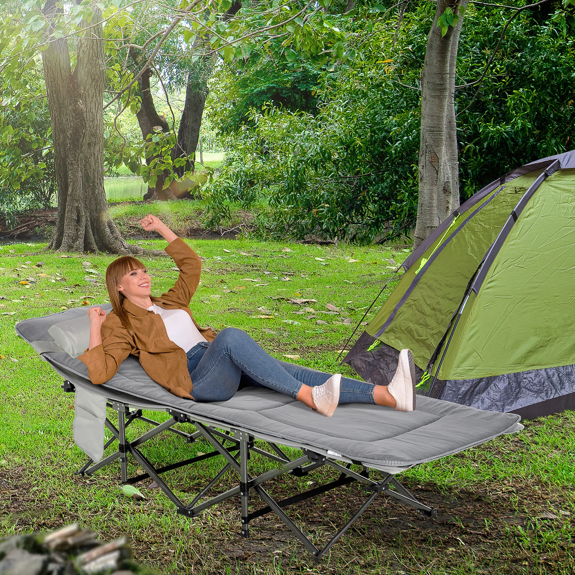 Lit de Camp Pliant Matelas Réversible Camping Randonnée Poche 150kg Gris 188cm – ComfortXL Outdoor Living