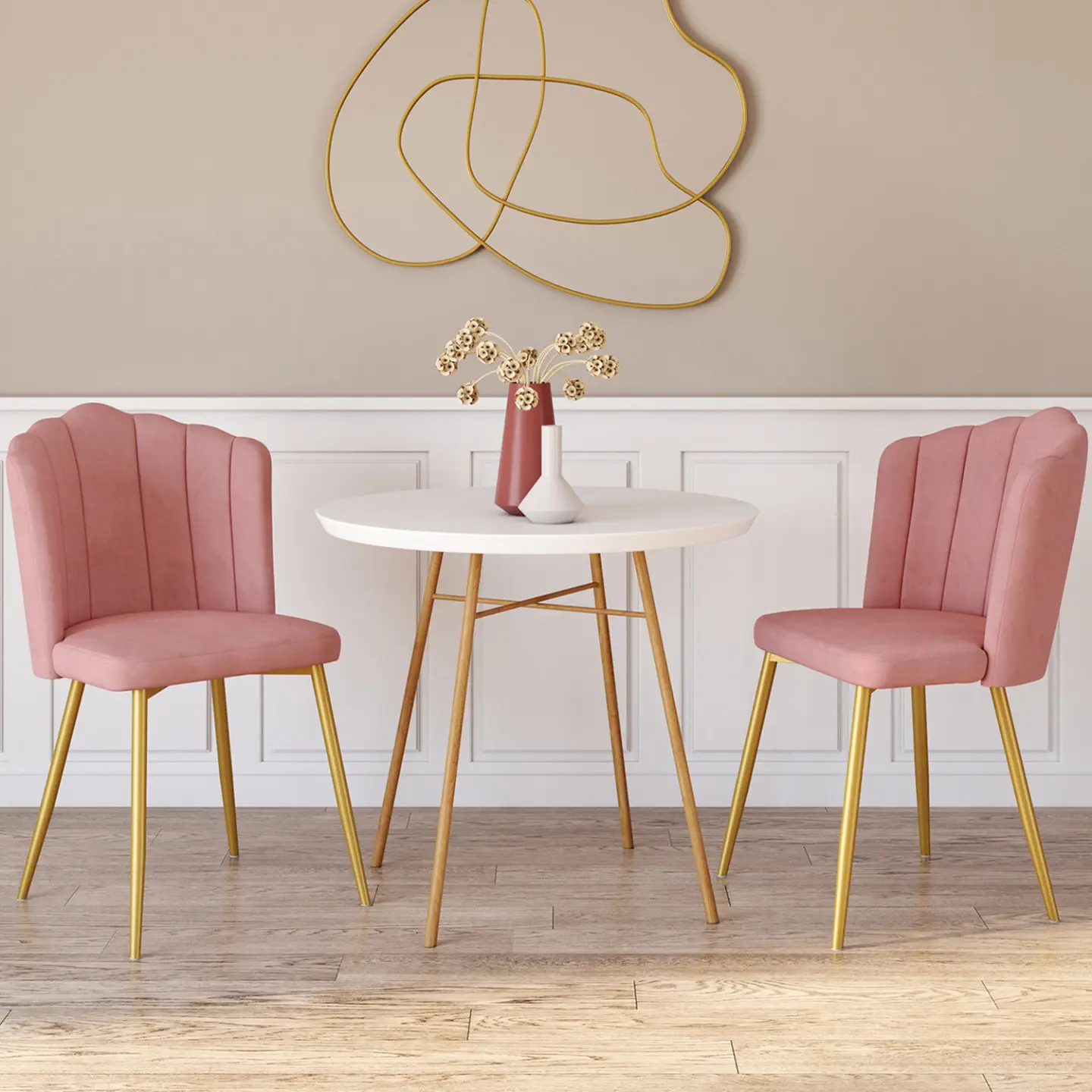 Lot de 2 chaises coquillage ADELLA rose en velours pieds dorés