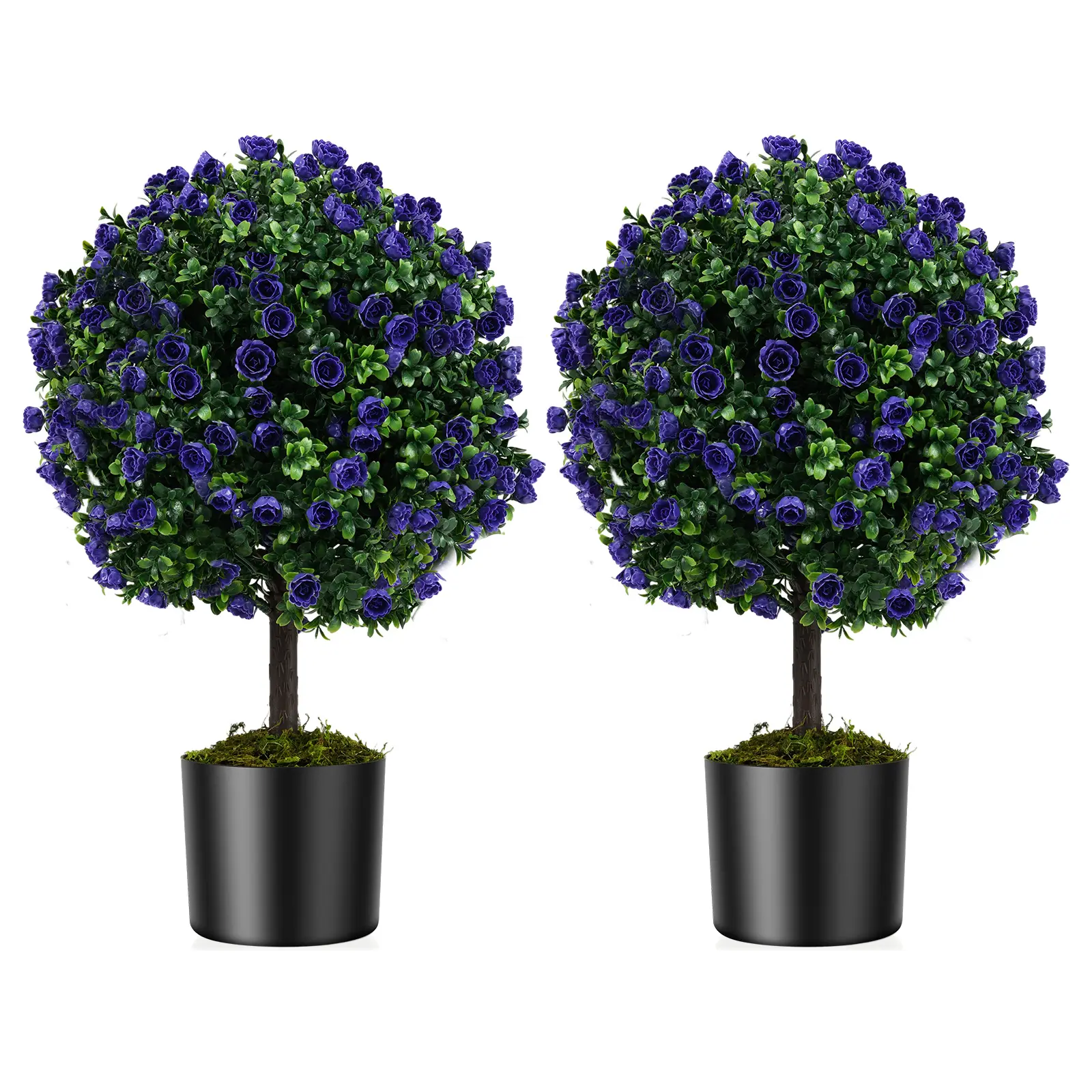 Lot de 2 Boules de Roses Artificielles de 55 cm avec Pot en Ciment, Rosiers Artificiels Violets, Arbustes Artificiels pour Intérieur,Extérieur