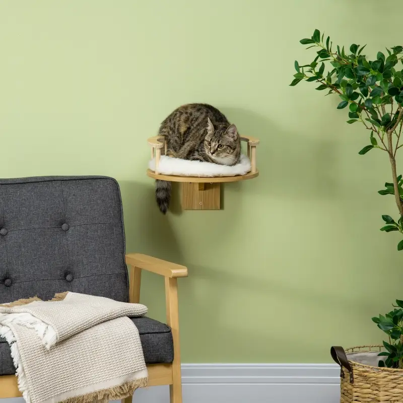 Lit Mural Chat Rond Bois Peluche Etagère Suspendue Repos Ø34cm Chêne Crème – ComfortXL Pet Living