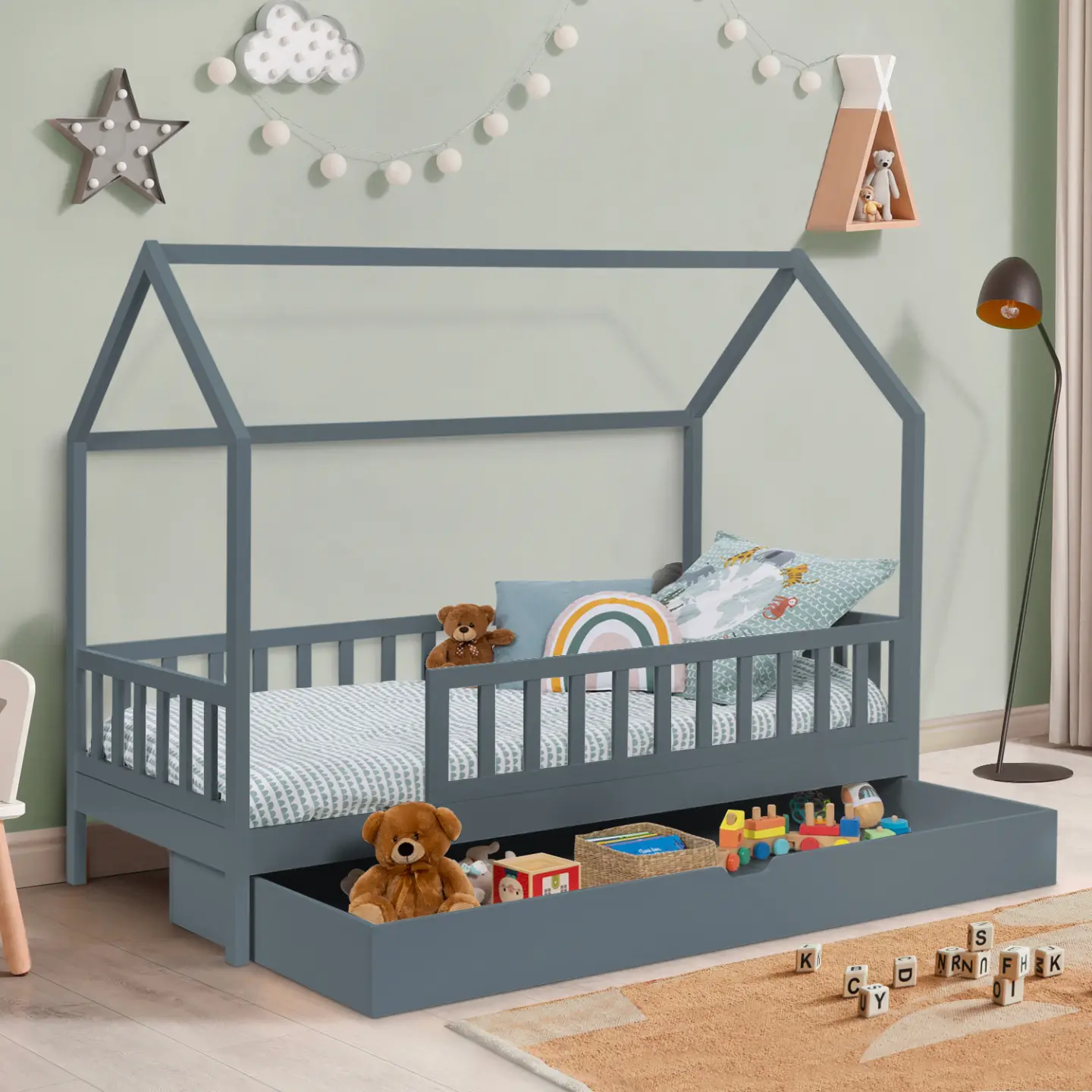 Lit cabane enfant 80 x 160 CM NEREE gris avec 1 tiroir gigogne et de rangement