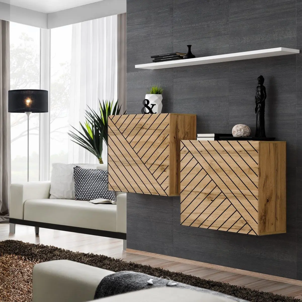 Lot de 2 Blocs & Étagère «Switch SBI» 130cm Naturel Rainuré & Blanc