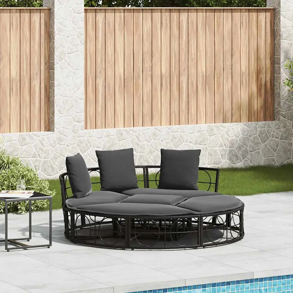 Lit de Salon Extérieur Rond Modulable sans Toit Résine Tressée et Coussins Gris Foncé Noir – ComfortXL Outdoor Living