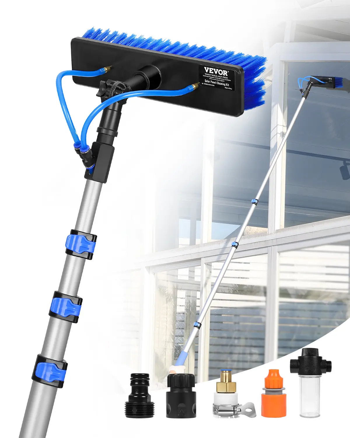 VEVOR Kit perche nettoyage panneaux solaires, 3,6 m. Brosse rotative 180°, tuyau 20 m.
