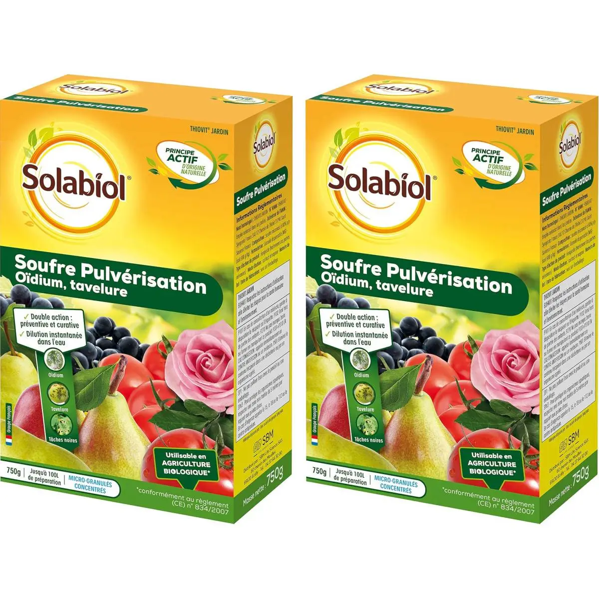 Lot de 2 boîtes de Souffre Pulvérisation SOLABIOL 750g – Protection efficace contre l’oïdium et les maladies des plantes