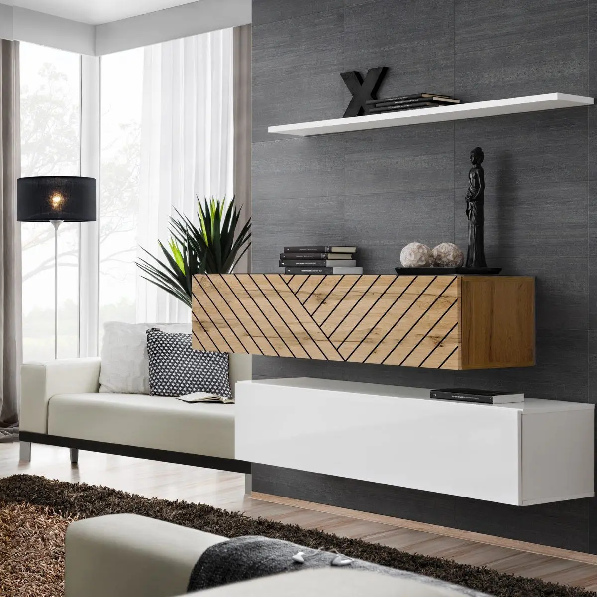 Lot de 2 Bancs Muraux & Étagère «Switch SBII» 130cm Blanc & Naturel Rainuré