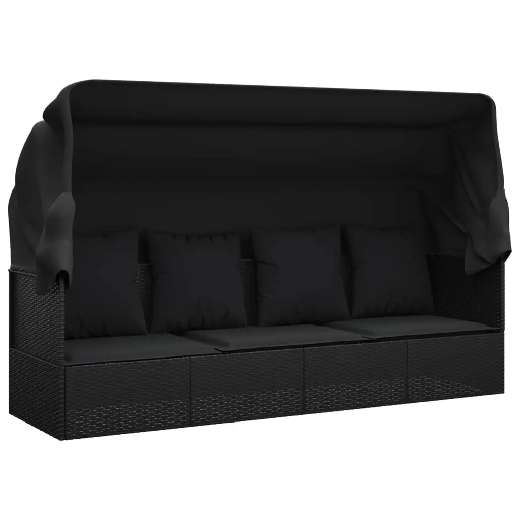 Lit de salon d’extérieur toit et coussins 203 x 58 x 56 cm résine tressée noir