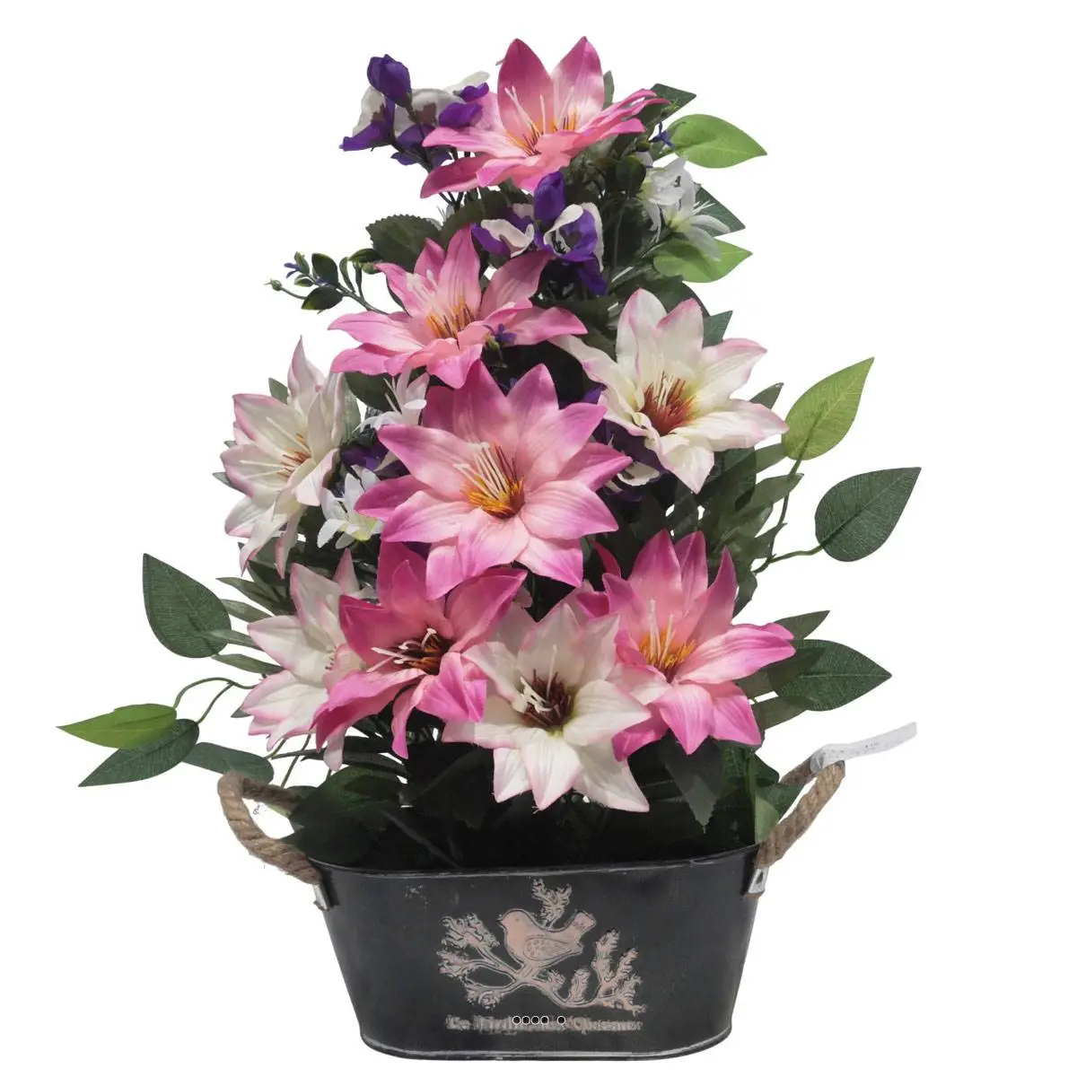 Jardinière Zinc dahlia, Rose, Mini fleurs, Pensée et Ficus Rose artificiels pour la Toussaint – couleur: Rose 715