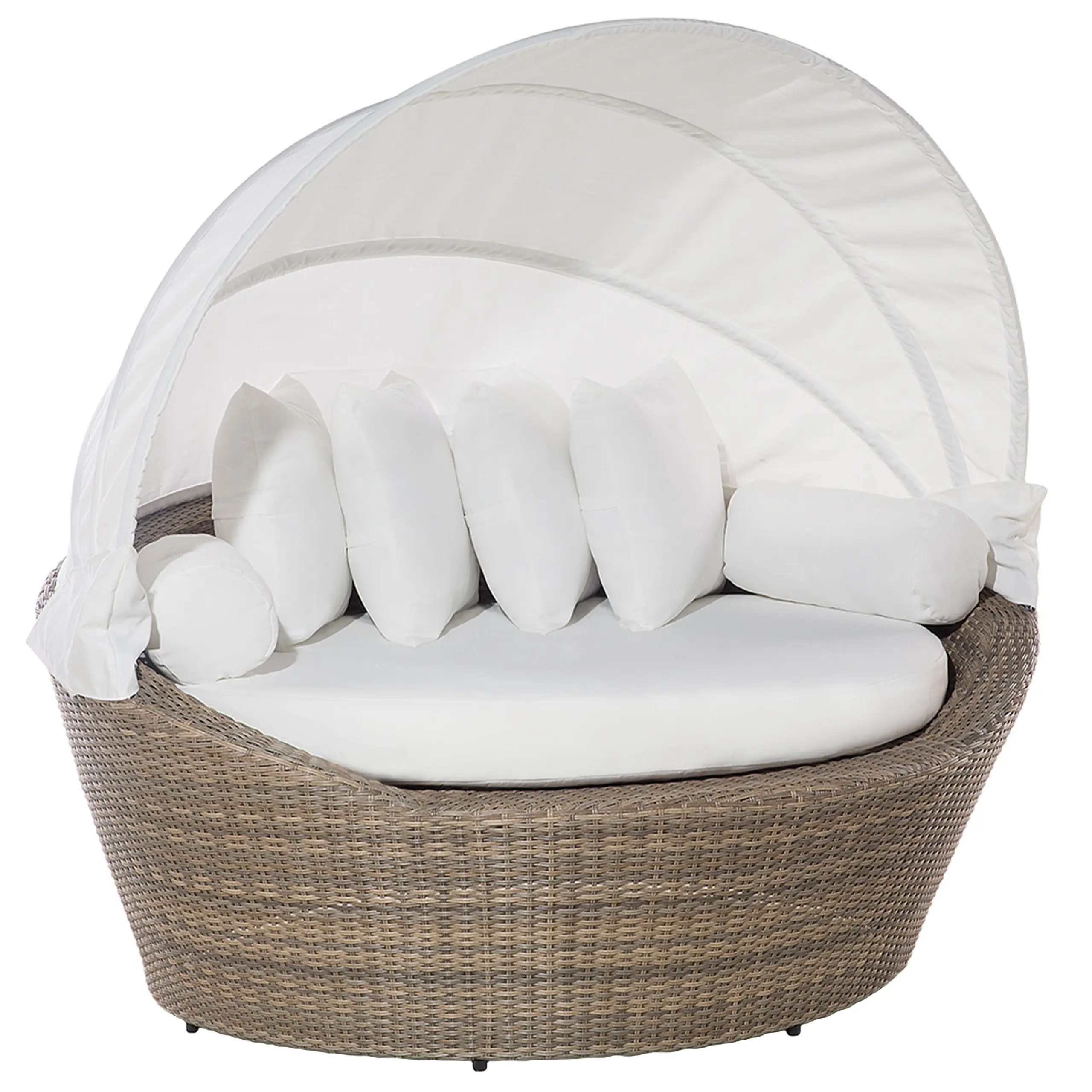 Lit de Jardin en Rotin Marron et Coussins Blancs Pare-Soleil Intégré Confortable Pratique et Élégant pour Extérieur au Design Moderne Beliani