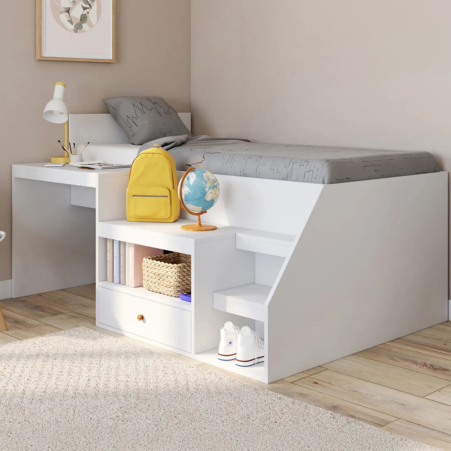 Lit combiné avec sommier, bureau et rangement LEOPOLD 90 x 190 cm blanc