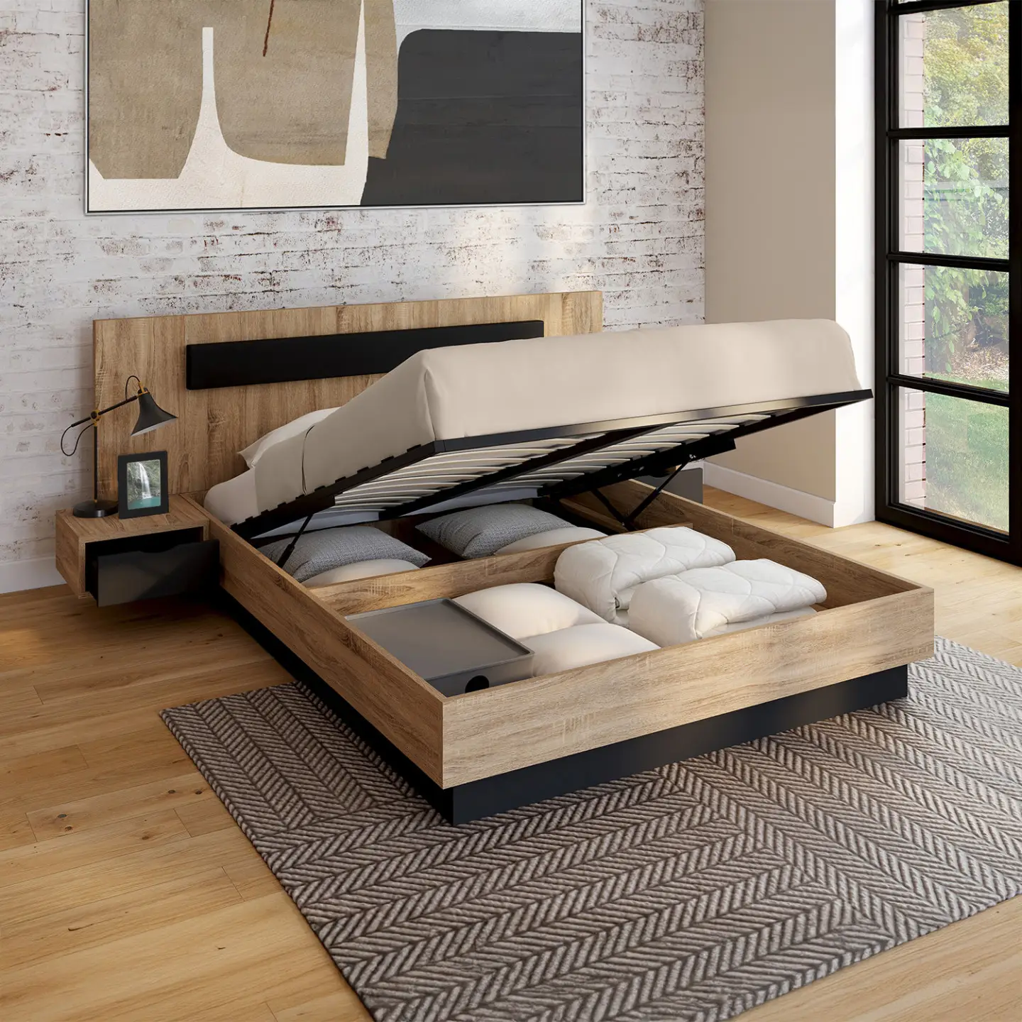 Lit coffre double SANTA avec tête de lit + tables de chevets intégrées et sommier 140 x 190 cm bois et noir