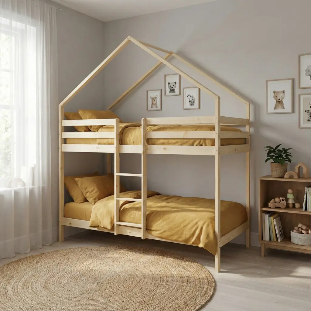 Lit enfant superposé cabane 90 x 190 cm pin naturel sommier à lattes inclus – Roya | sweeek