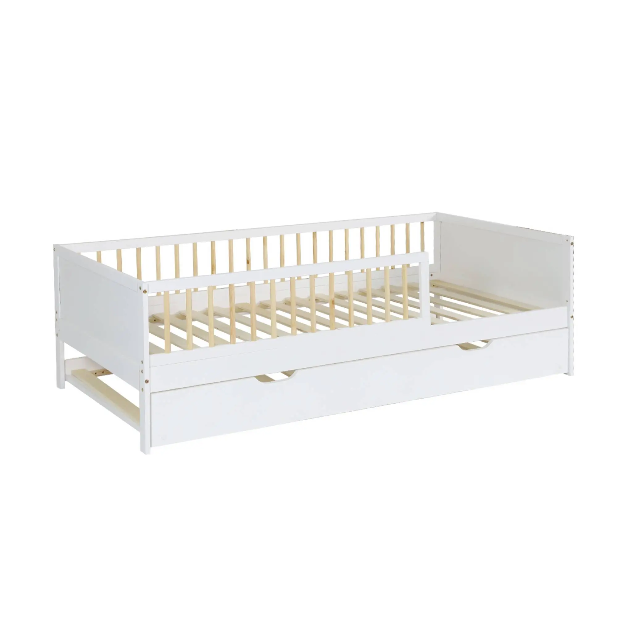 Lit gigogne enfant 90 x 190 cm pin naturel avec sommier à lattes et tiroir blanc – Elio | sweeek