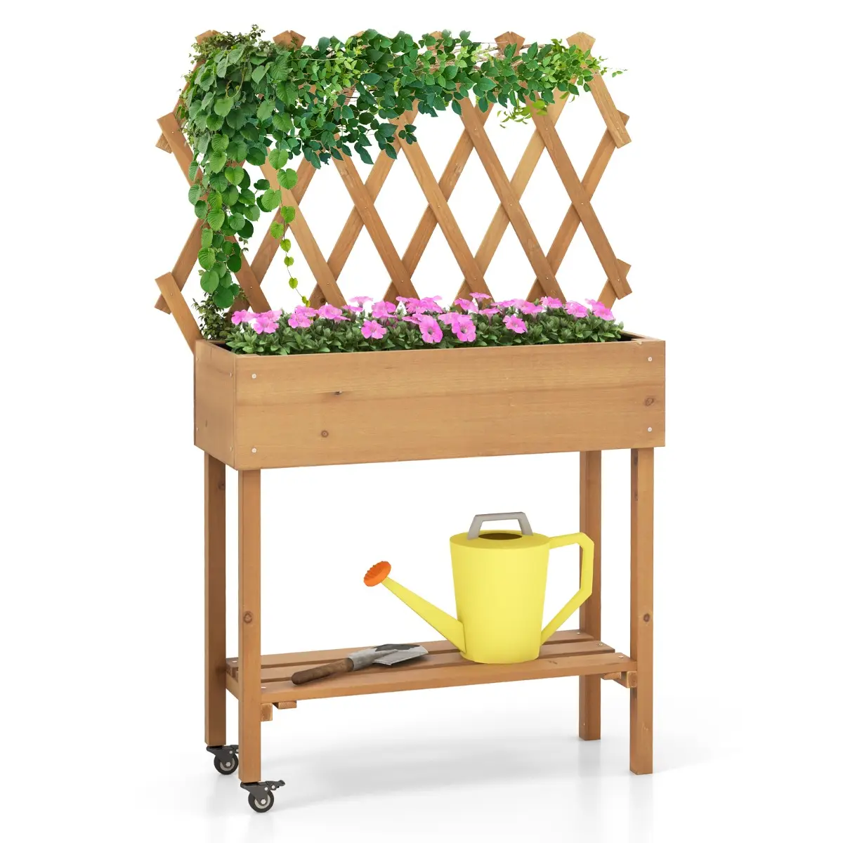 Lit de Jardin Bois avec Treillis Jardinière Surélevée Roues Verrouillables Doublure Naturel