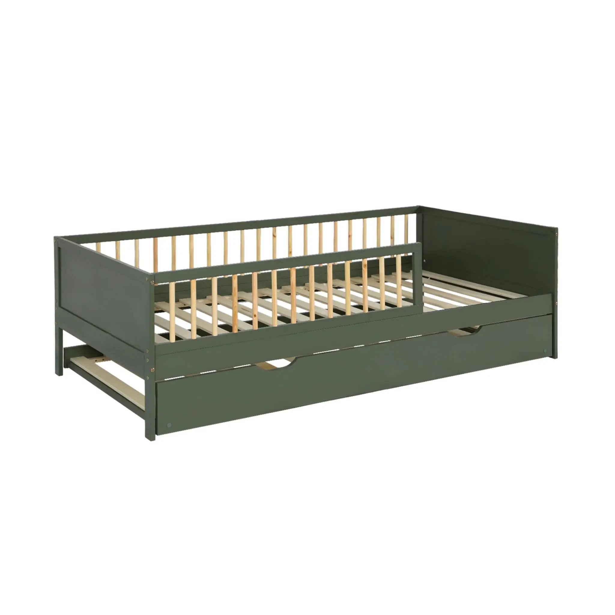 Lit gigogne enfant 90 x 190 cm pin naturel avec sommier à lattes et tiroir vert – Elio | sweeek