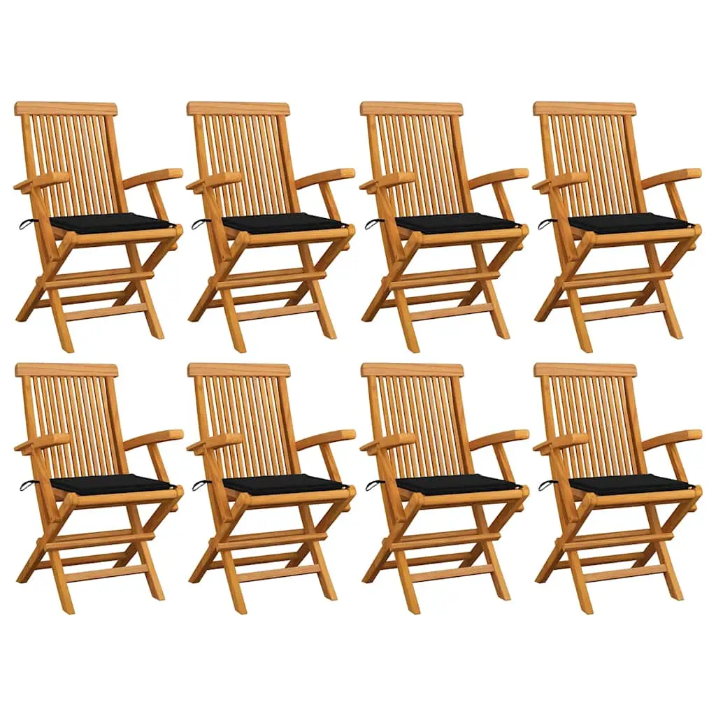 Lot 8 Fauteuils Jardin Teck Massif Pliants Coussins Noirs avec Accoudoirs – ComfortXL Outdoor Living