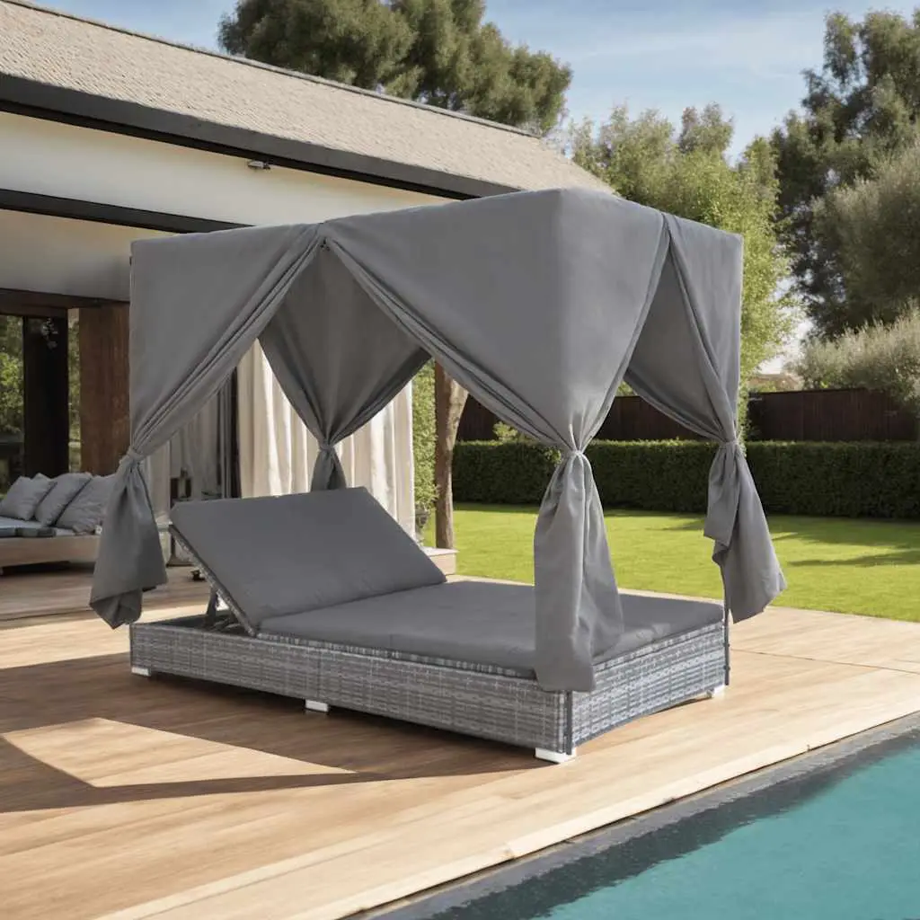 Lit de Repos Baldaquin Résine Tressée avec Rideaux Ombrage et Coussins Épais Espace Lounge Moderne Gris – ComfortXL Outdoor Living
