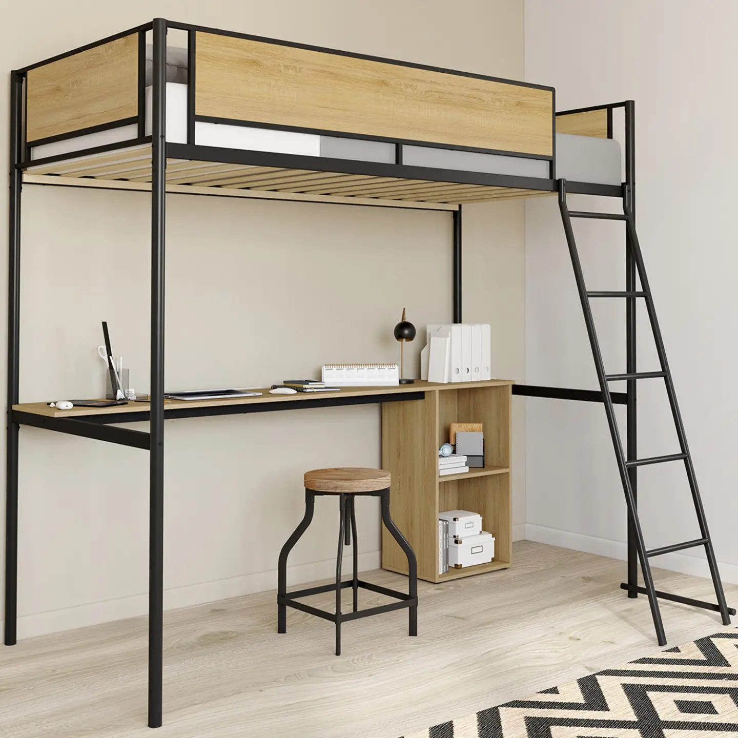 Lit mezzanine simple DETROIT avec bureau et rangements 90 x 190 cm design industriel