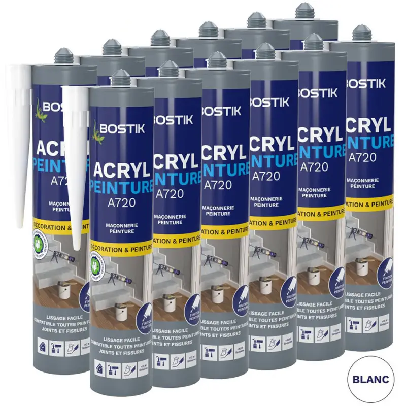 Lot de 12 Mastics d’étanchéité ACRYL Peinture A720 310ml Blanc BOSTIK