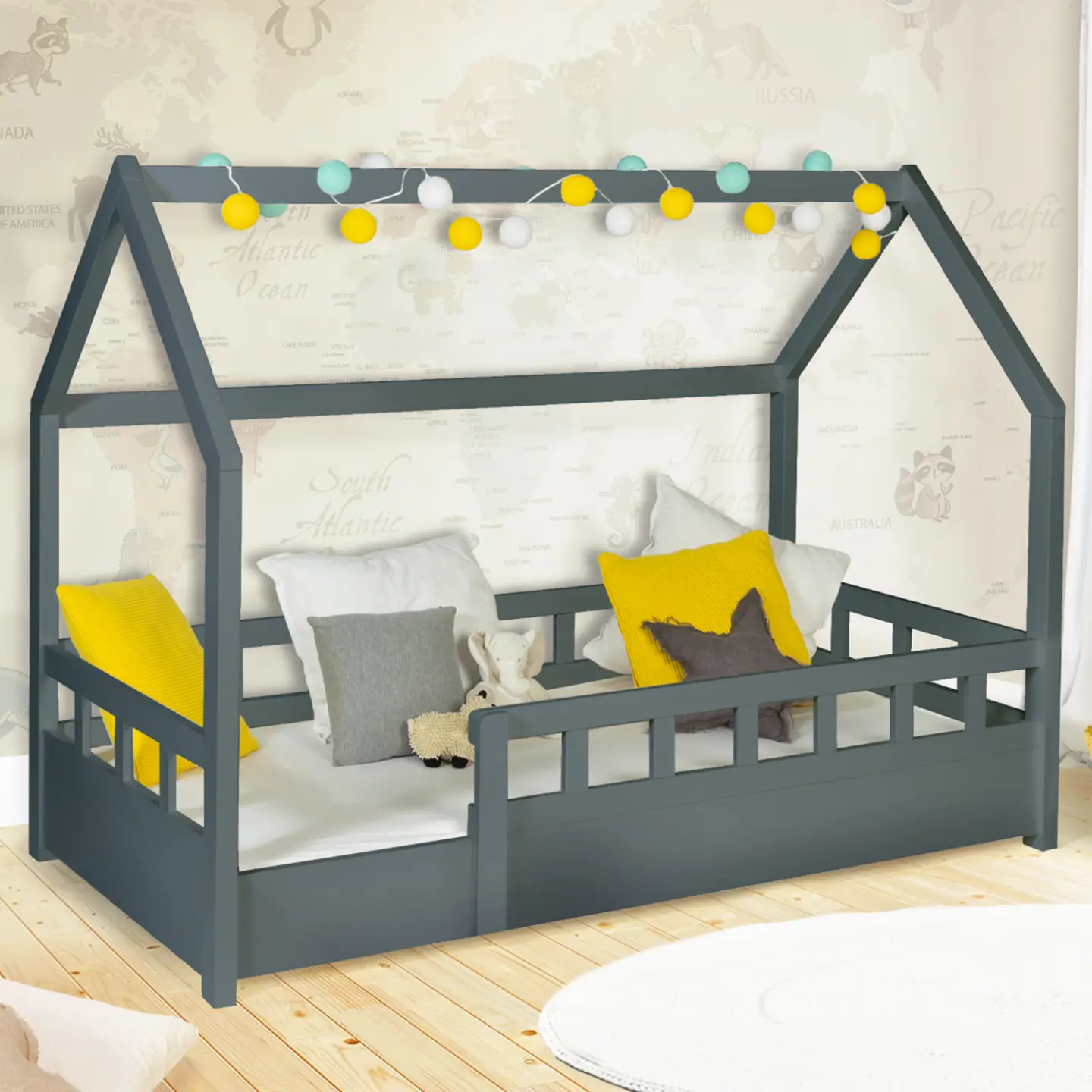 Lit cabane enfant 80 x 160 cm NEREE gris avec sommier et barrières