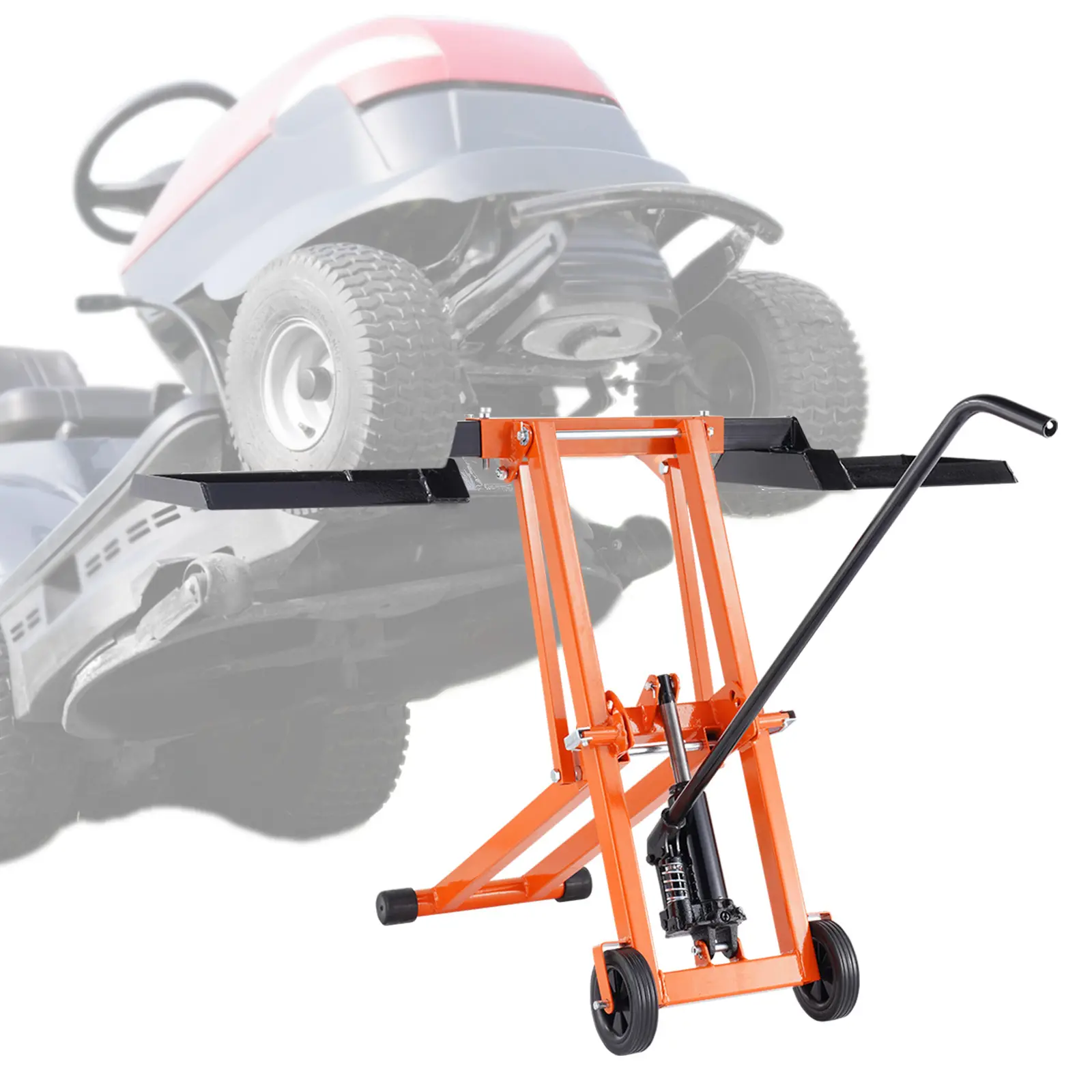 VEVOR Lève tondeuse autoportée, charge 225 kg. Hydraulique, mobile, réglable. Entretien, jardin.