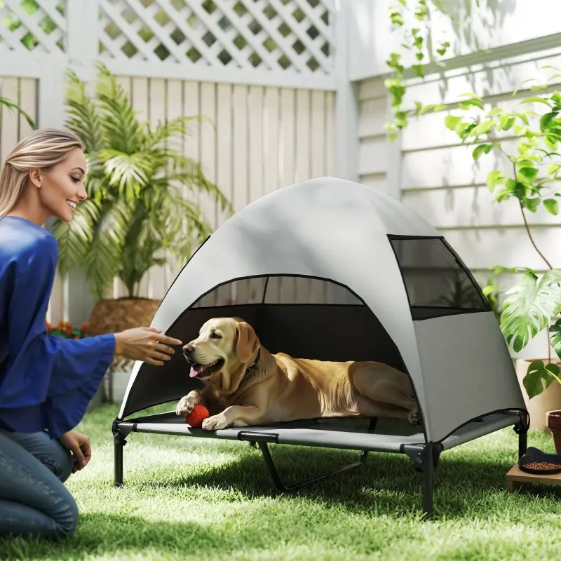Lit Chien Surélevé avec Toit Polyester Jardin Voyage Respirant 91x76cm Gris Clair – ComfortXL Pet Living