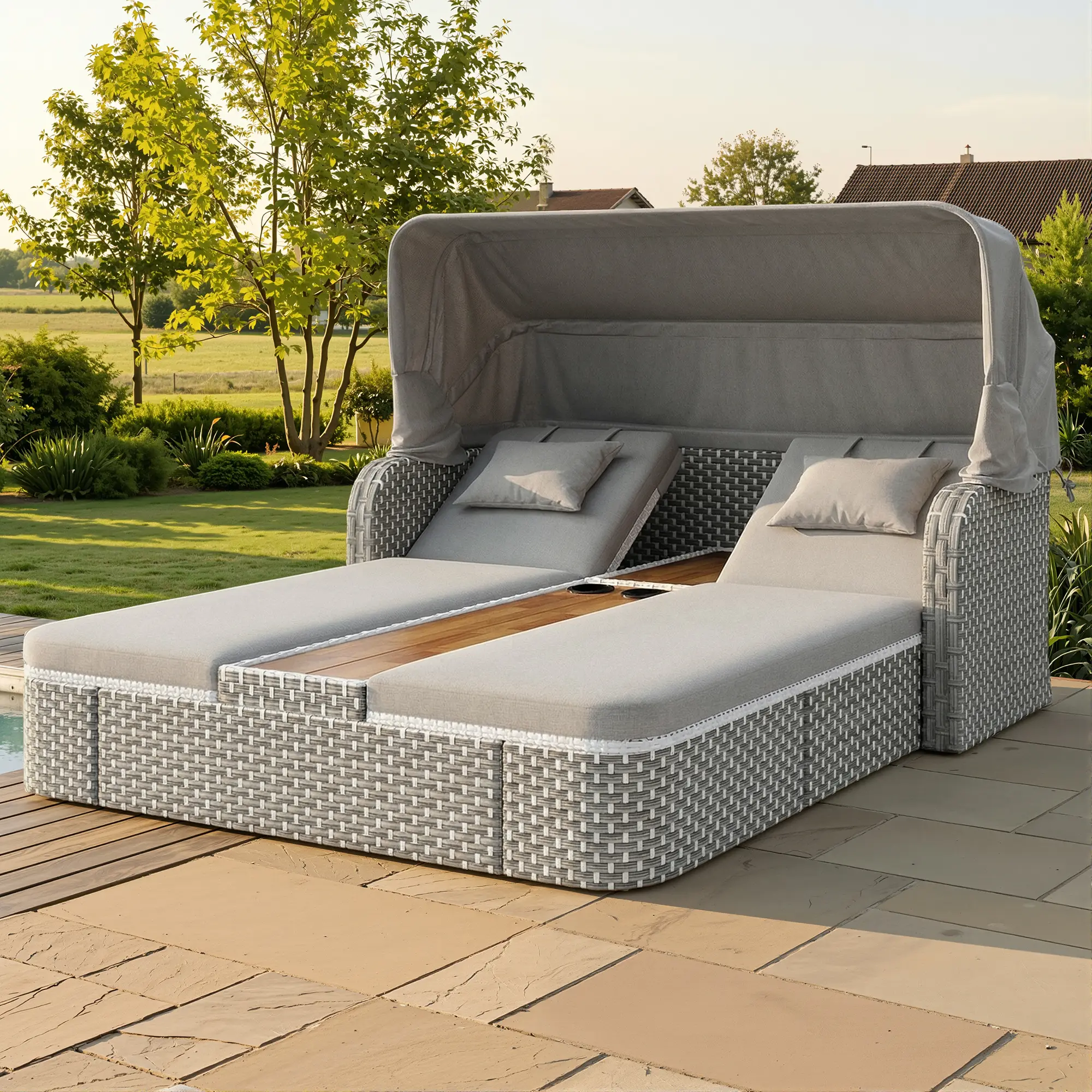 Lit de jardin double résine tressée extérieur auvent rétractable gris 192×160 – ComfortXL Outdoor Living