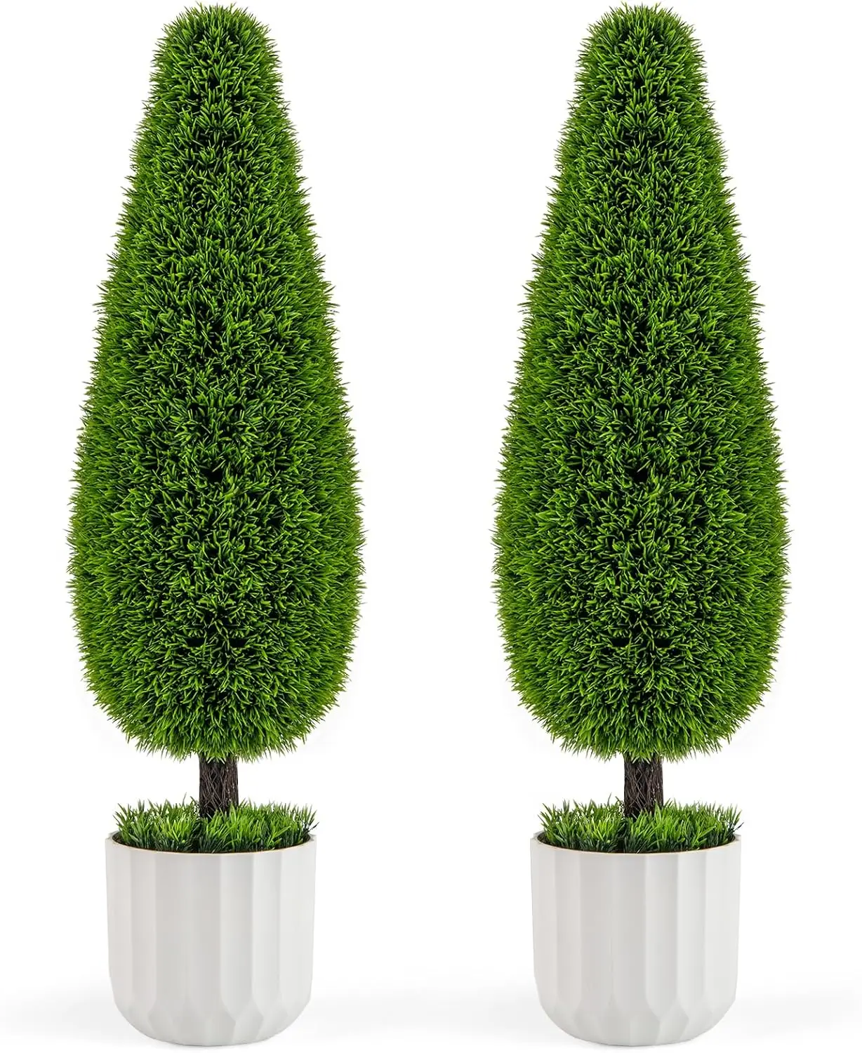 Lot de 2 Arbres Arbustes de Cèdre Artificiel 90 cm en Forme de Larme, Fausse Plante Topiaire en Pot en Plastique avec Ciment Fausses Vignes