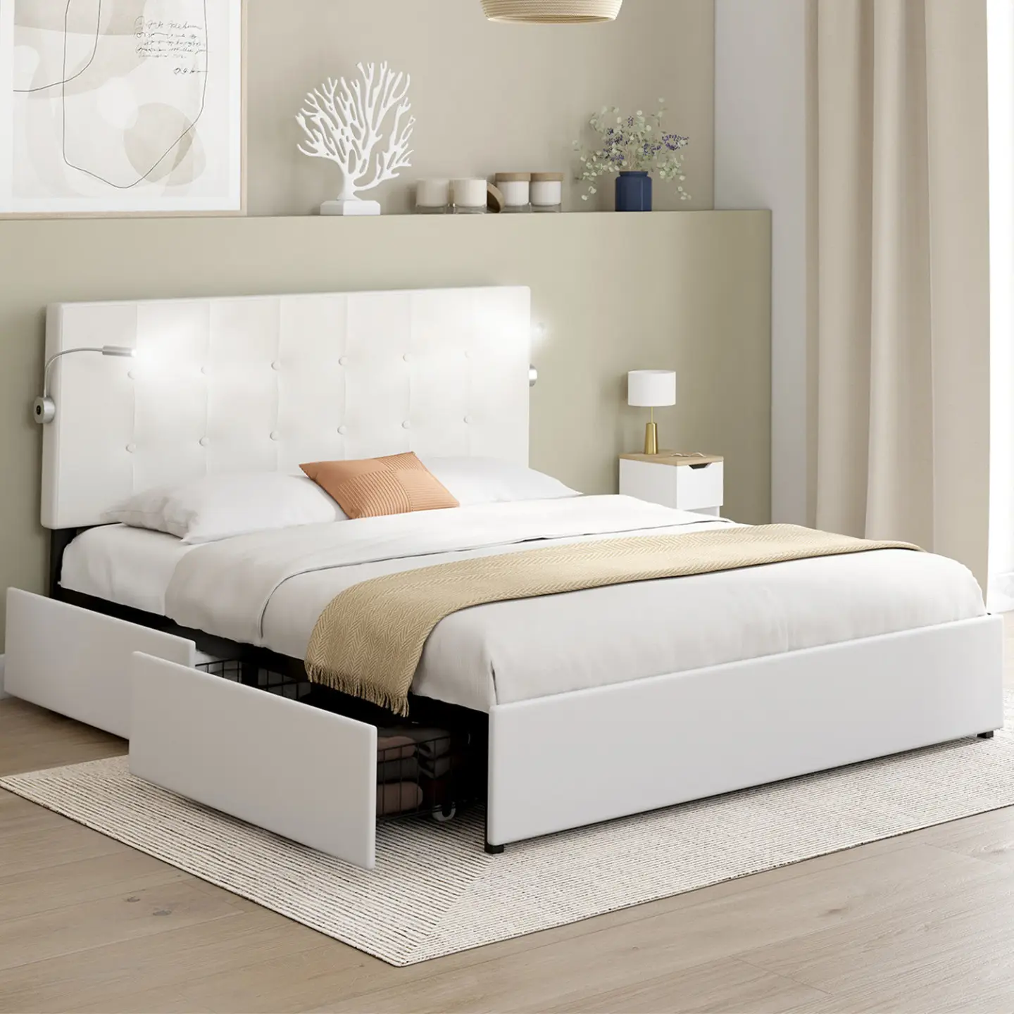 Lit double MAEL 140 x 190 cm avec tête de lit capitonnée PVC blanc liseuses intégrées et sommier et 2 tiroirs sur roulettes