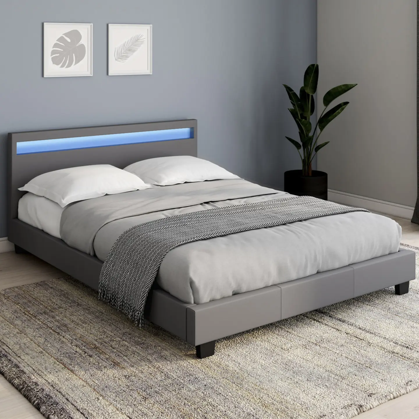 Lit double NEO avec tête de lit LED intégrées et sommier 140 x 190 cm PVC gris