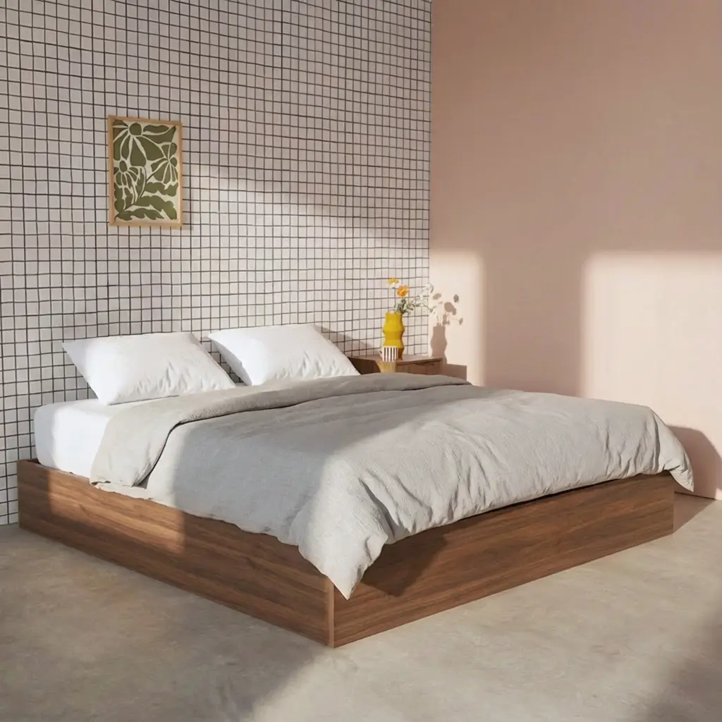 Lit coffre sommier à lattes 160x200cm décor bois noyer- Lift | sweeek