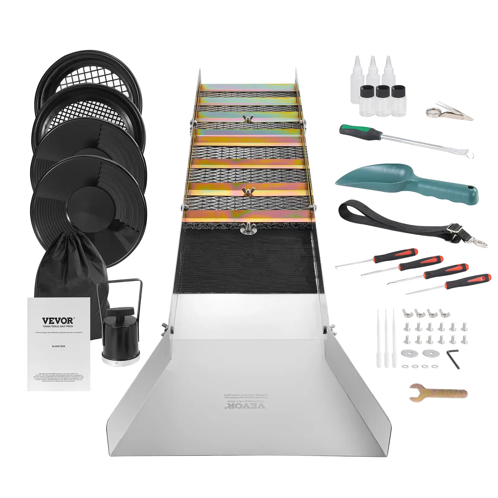 VEVOR Kit orpaillage 23 pièces, rampe 127 cm aluminium avec batee, tamis, pelle, sac.