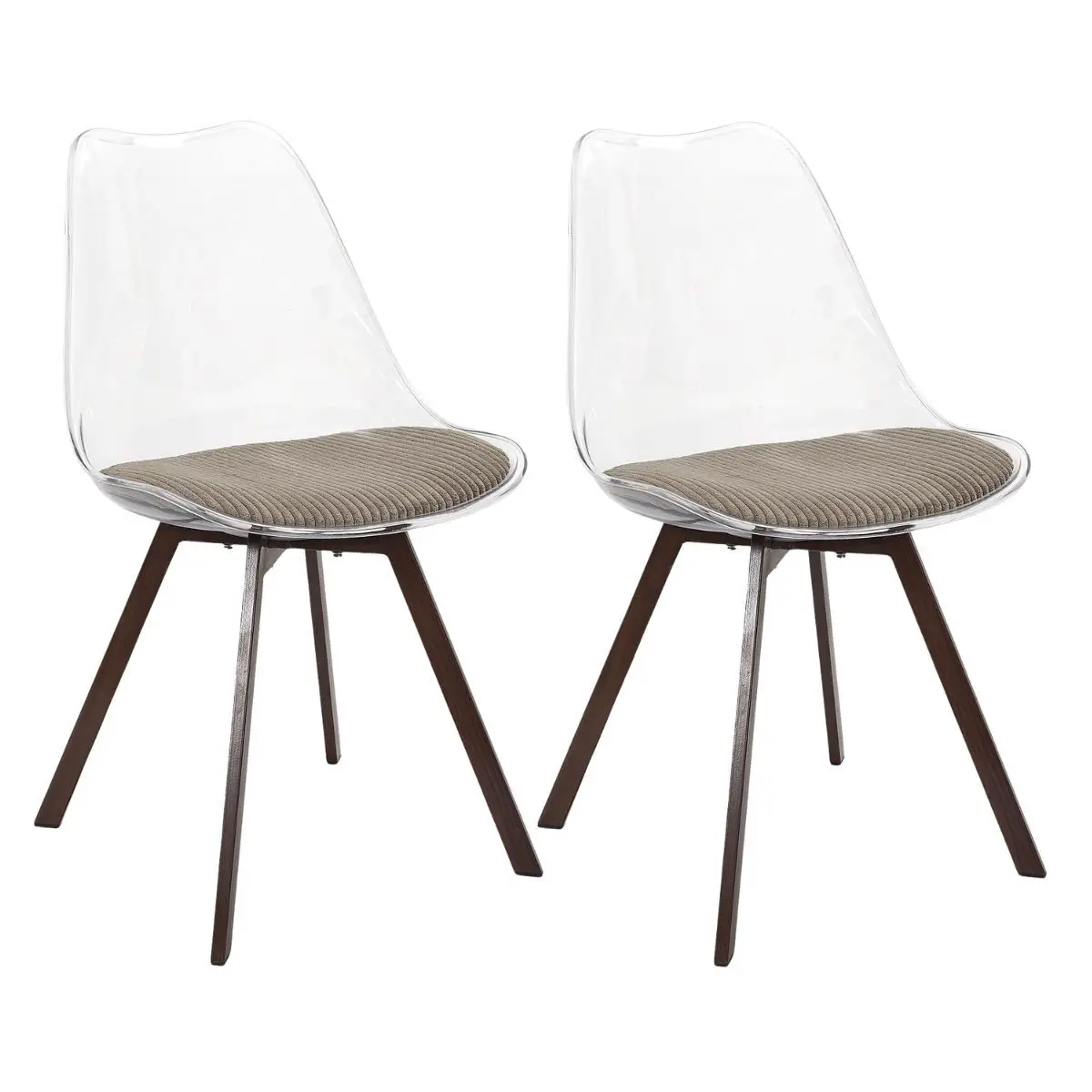 Lot de 2 chaises coque transparente coussin assise en velours côtelé taupe – MOARY