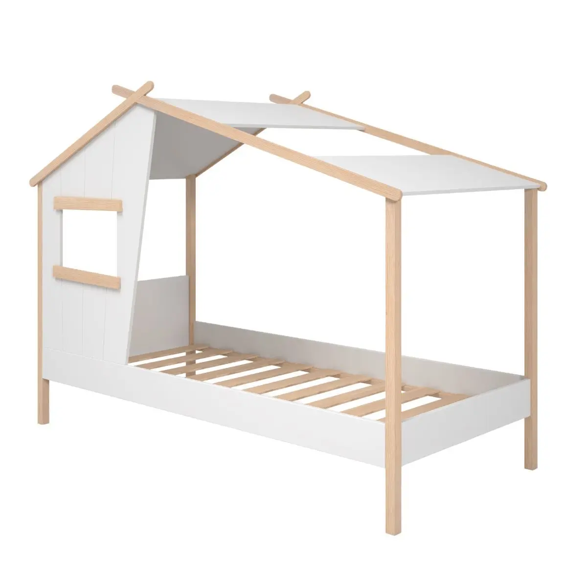 Lit maison 90×190 avec fenêtre en pin massif naturel et MDF laqué blanc – LUBINA