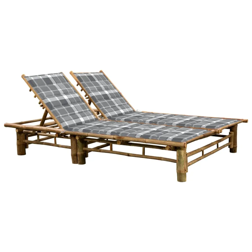 Lit de Jardin 2 Personnes Bambou Inclinable Coussins Carreaux Gris – ComfortXL Outdoor