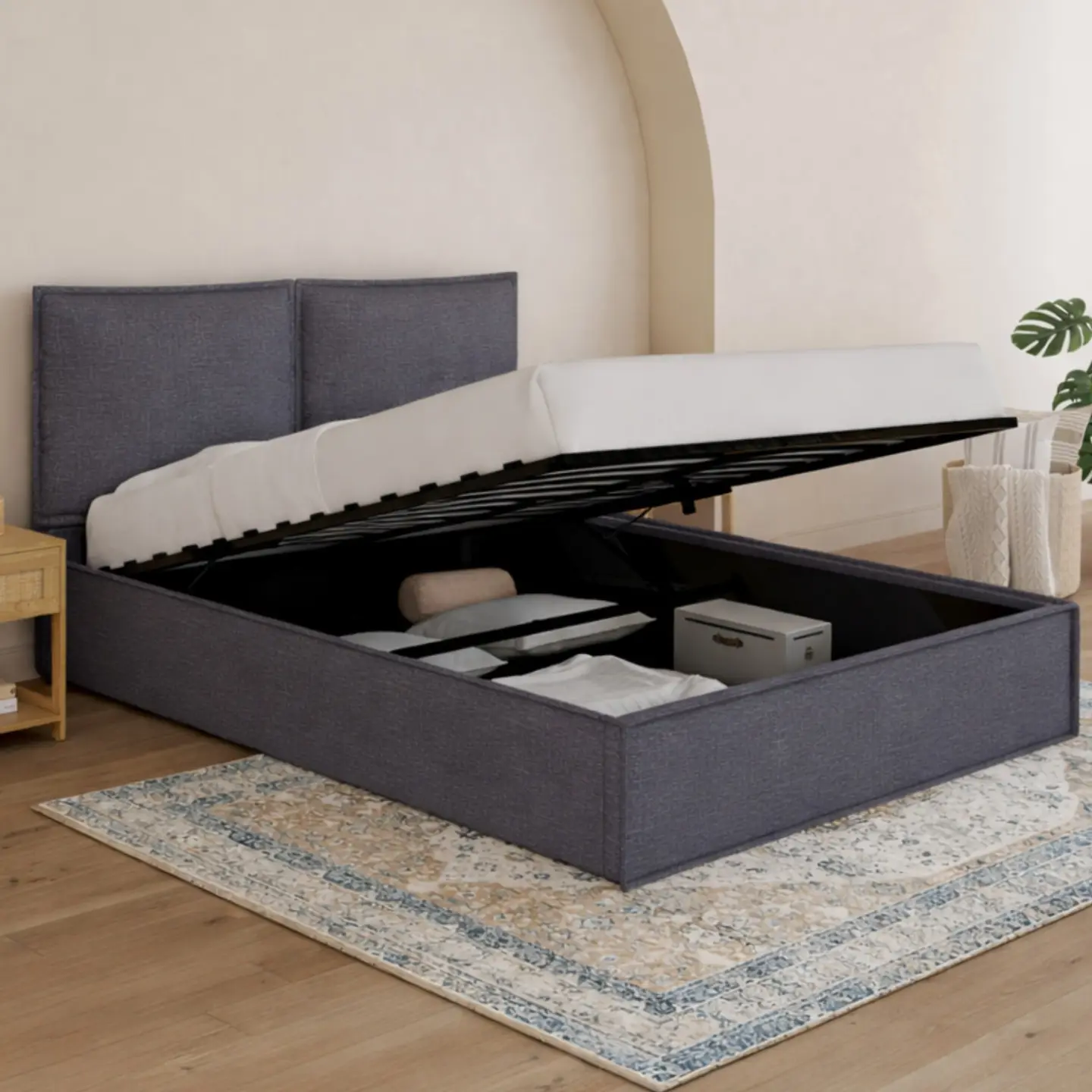 Lit coffre double PILOU avec tête de lit oreiller et sommier 140 x 190 cm tissu gris anthracite