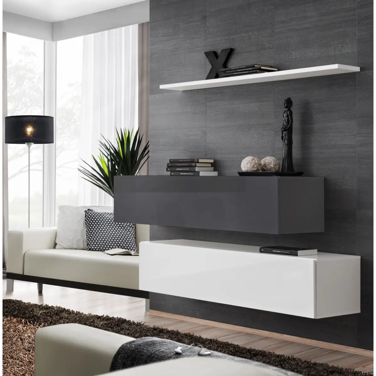 Lot de 2 Bancs Muraux & Étagère «Switch SBII» 130cm Blanc & Gris