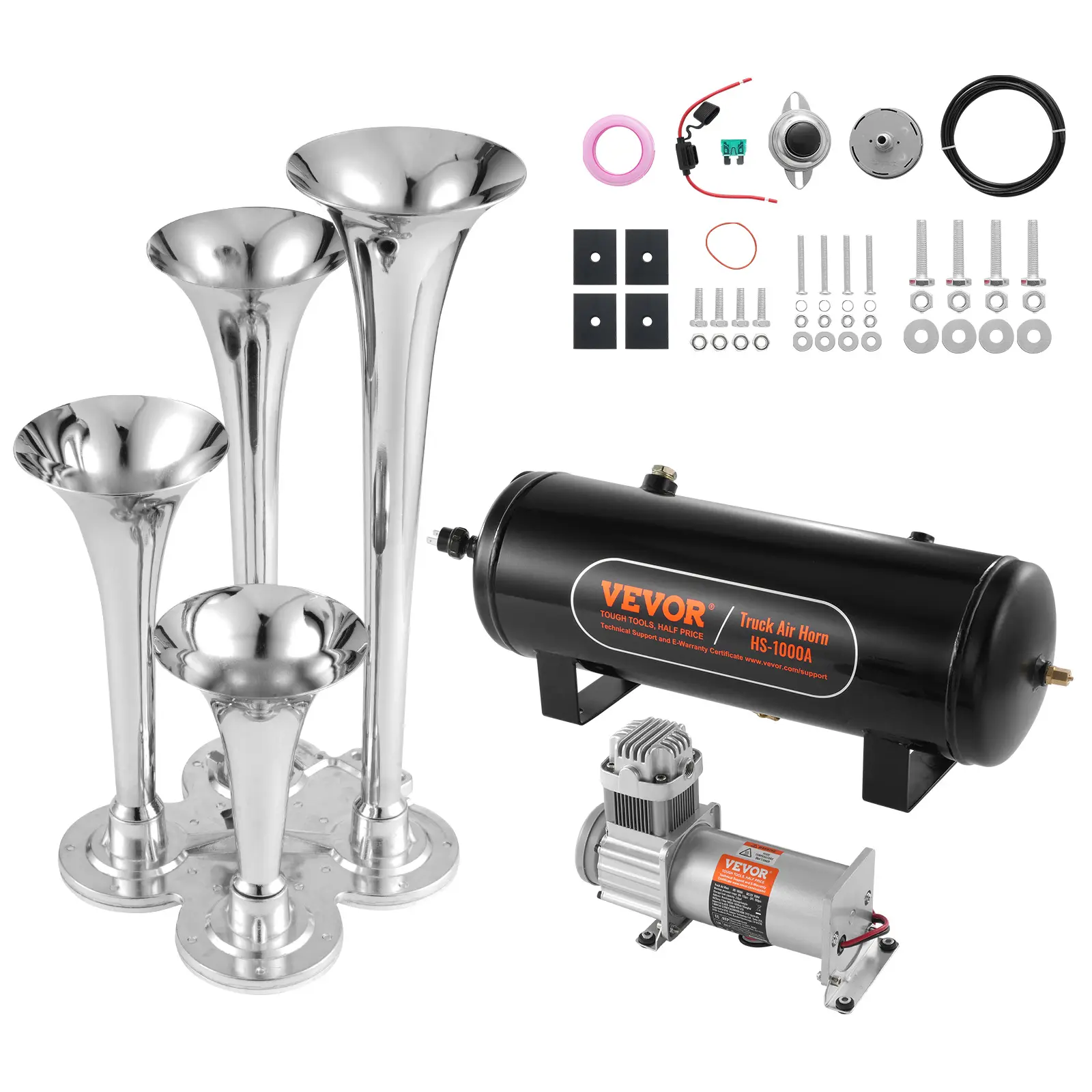 VEVOR Kit klaxon 4 trompettes 150dB, compresseur 110-160 psi, réservoir 10L, 12V, véhicules/trains/bateaux.