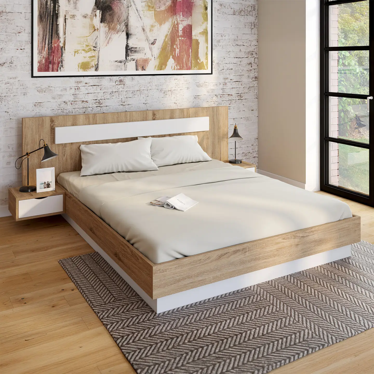 Lit double SANTA avec tête de lit + tables de chevet intégrées et sommier 160 x 200 cm bois et blanc