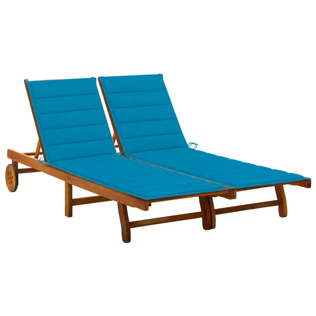 Lit de Jardin Double Bois Acacia Huilé Dossiers Réglables Coussins Bleus – ComfortXL Outdoor Living