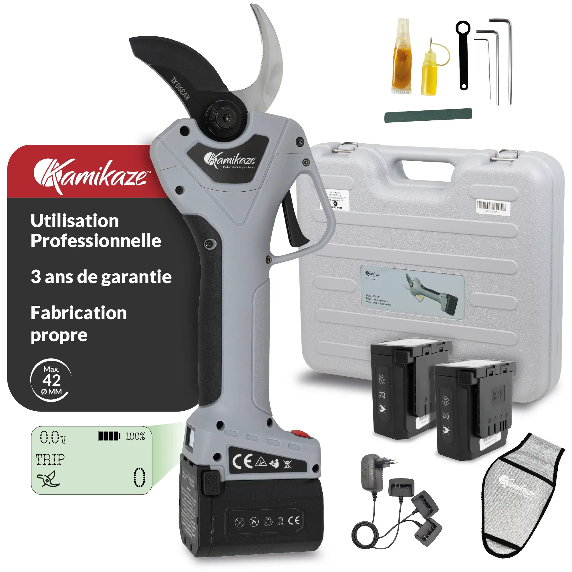KAMIKAZE Sécateur électrique KV390 avec 2 batteries au lithium, coupe réglable 5-40 mm, 7h d’autonomie, écran intelligent, lame SK5
