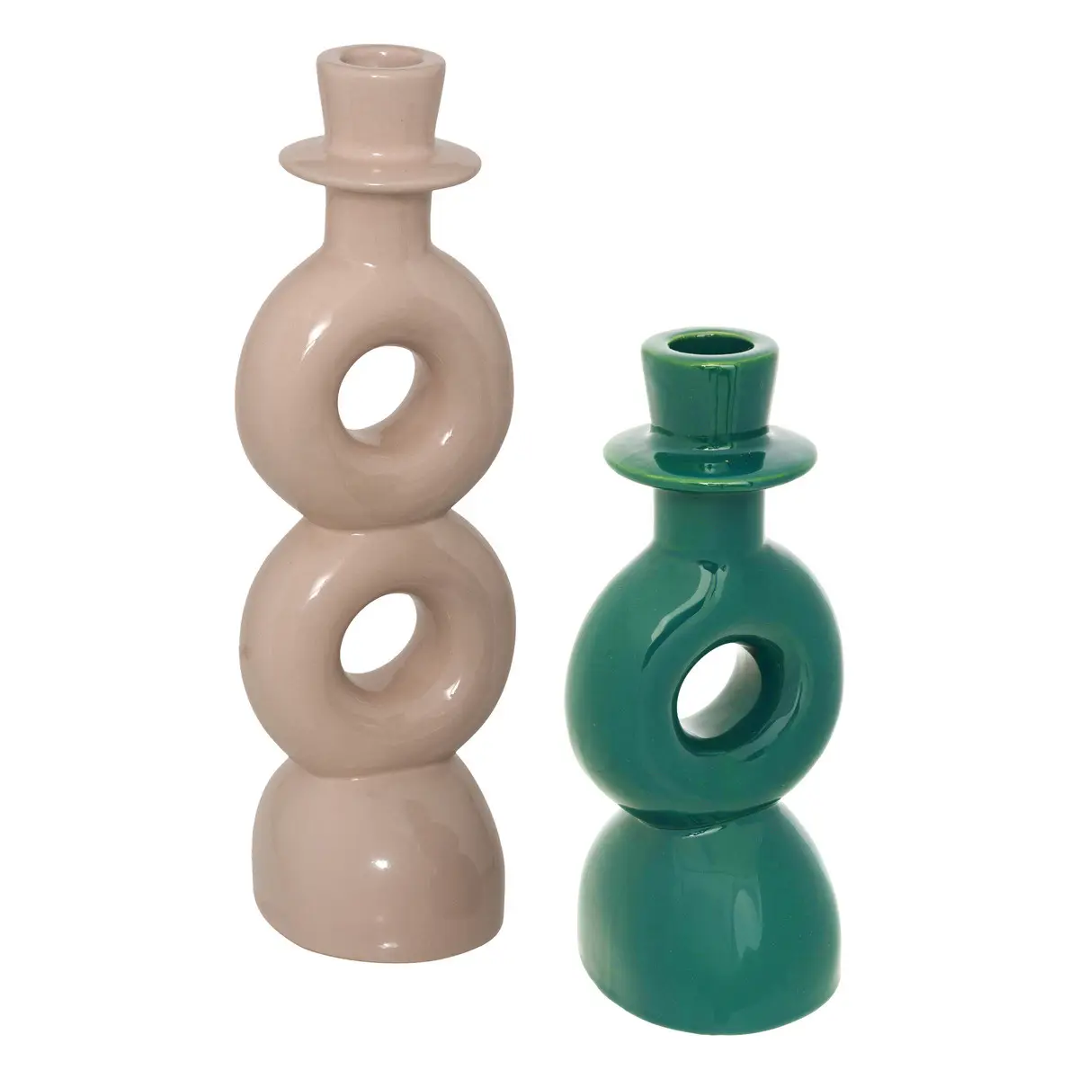 Lot de 2 Bougeoirs Chandeliers en céramique Beige et Vert
