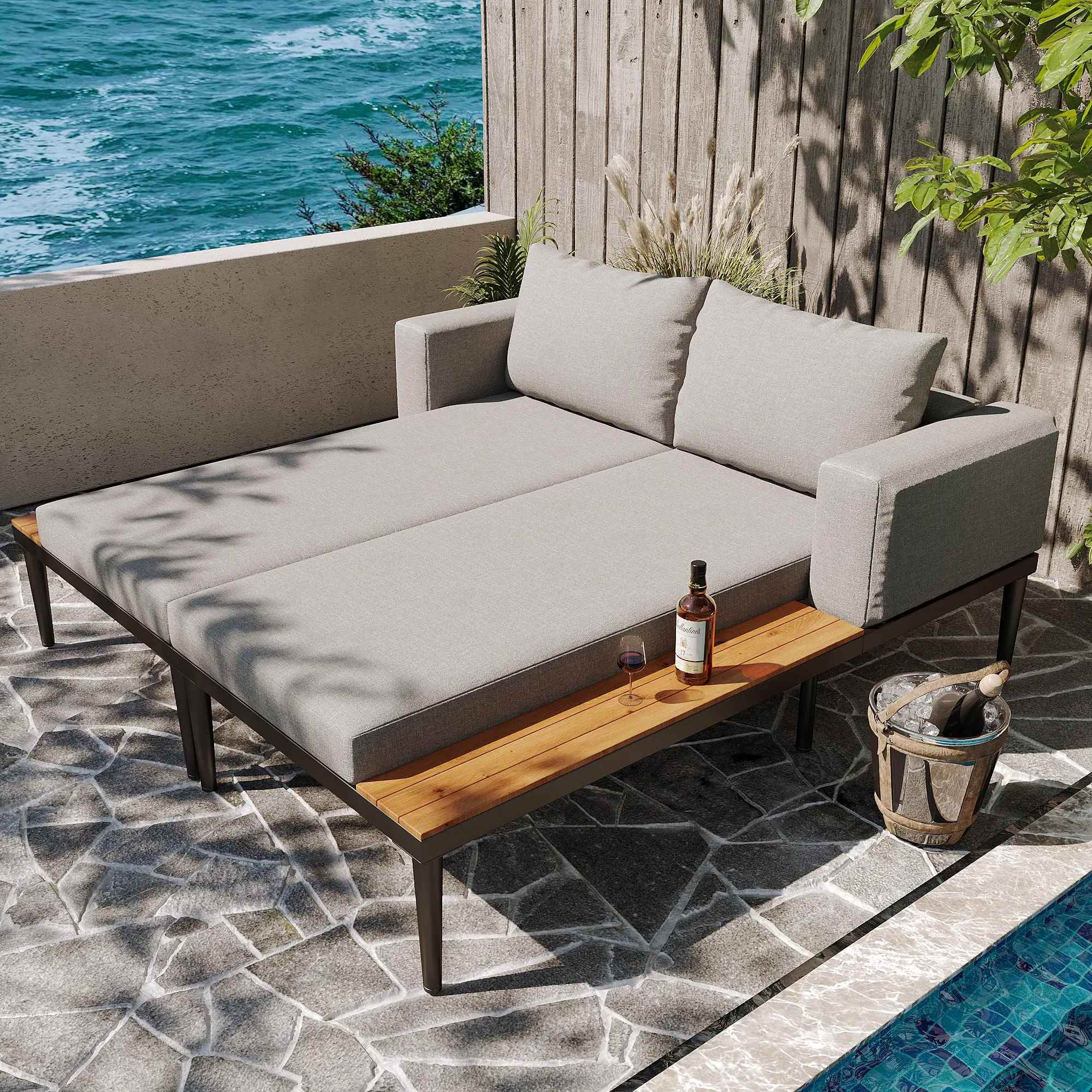 Lit de jardin double métal et bois terrasse modulable 2 places 150x140cm gris – ComfortXL Outdoor Living