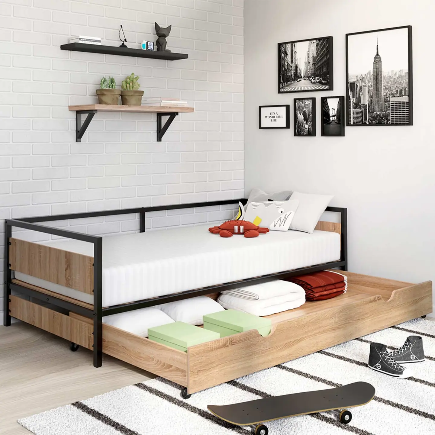 Lit enfant DETROIT 90 x 190 cm avec tiroir gigogne et rangement style industriel