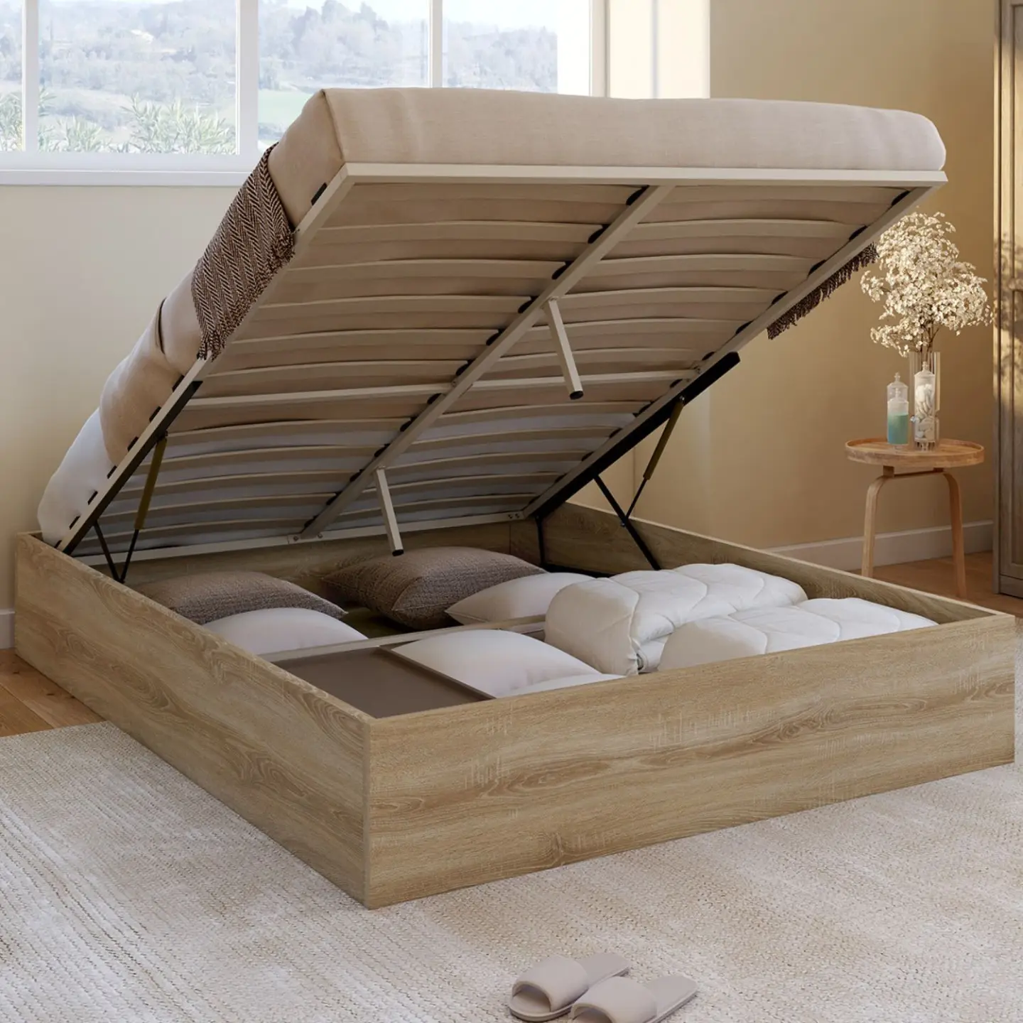 Lit coffre double SANDSIDE avec sommier 140 x 190 cm hêtre