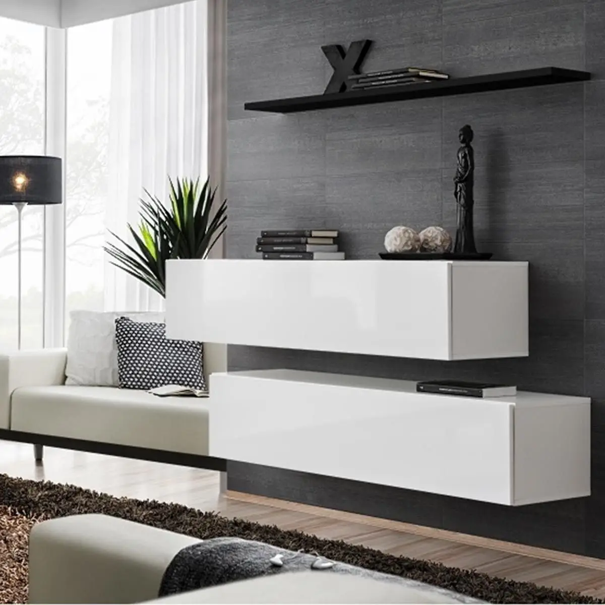 Lot de 2 Bancs Muraux Blanc & Étagère «Switch SBII» 130cm Blanc